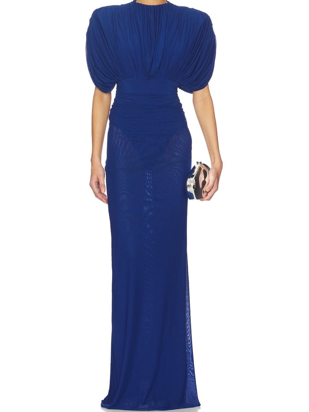 Deme by Gabriella Judy Set Cobalt Blue Ruched Mesh Gown Statement Sleeve XS NWT